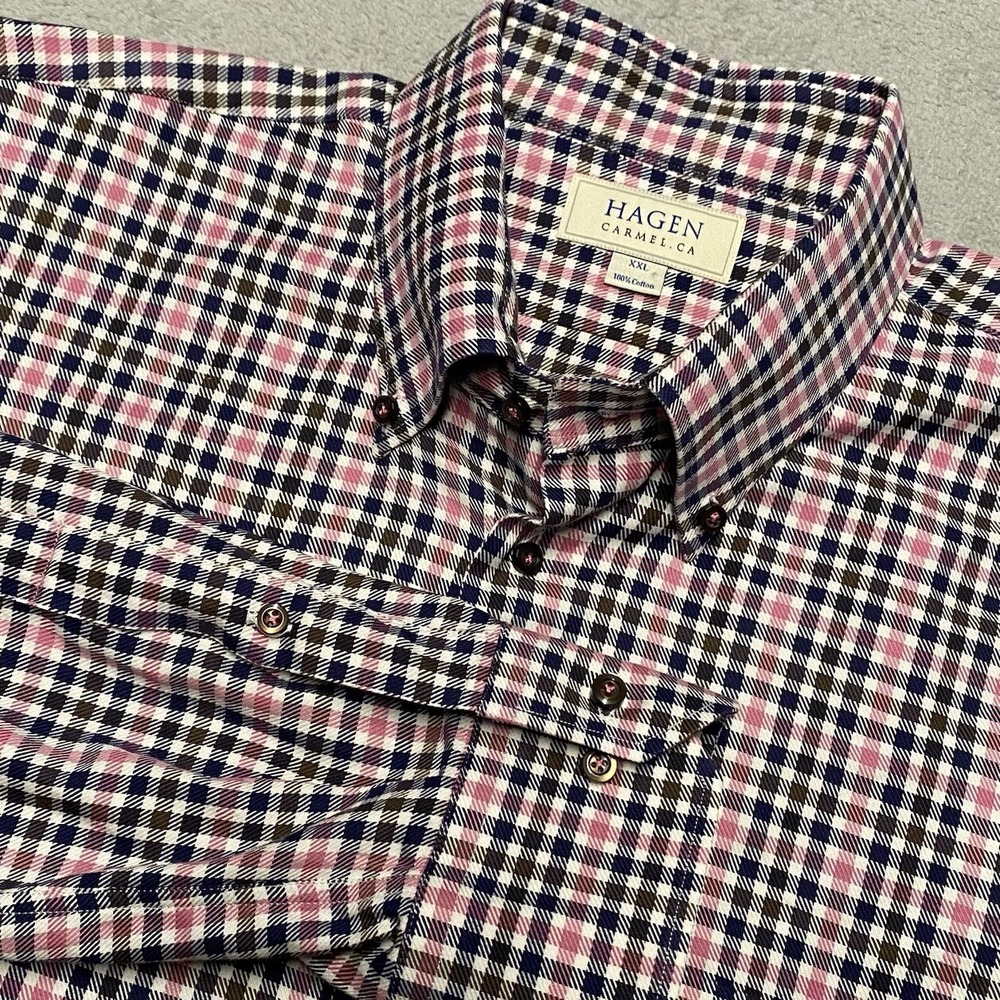 Hagen Carmel Fit Shirt Mens XXL Blue Pink Gingham Check Plaid Cotton Casual Prep